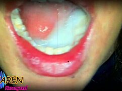 Karen plays with huge semen in mouth. Slow motion cumshot action.