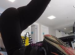 naughty blonde flashing her ass and tits during gym workout