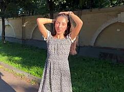 Teen Brunette Flashes Ass Plug Upskirt in Fishnet Pantyhose on Street