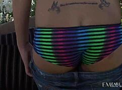 Bella Blaze strips and masturbates her tight little pussy outside.