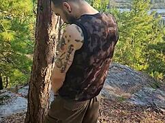 Hairy Tattooed Man Masturbating Outdoors in Forest