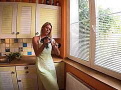 Amateur blonde takes facial and in kitchen