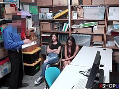 Petite Teen Thieves Caught by Mall Cop in Backroom