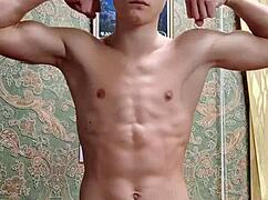 Skinny Boy Flexes Muscles After Study Session