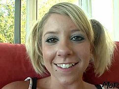 Eighteen-year-old blonde chokes on monster cock before massive facial from daddy figure