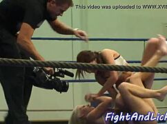 muscular european lesbians grapple and dominate in boxing ring