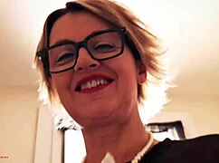 Innocent looking housewife Karina in kitchen bends for no-limits action