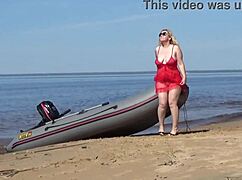 Wow, juicy ass milf struts beach in big natural tits glory!