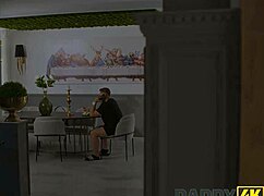 Daddy4K sexy babe Vixi Rafi gets her shaved pussy roughly fucked by boyfriend's stepdaddy