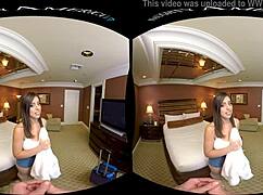 Big natural tits bounce wildly in VR as naughty America pornstar rides monster cock in hotel lingerie POV.