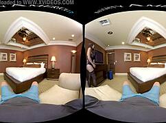 Big natural tits bounce wildly in VR as naughty America pornstar rides monster cock in hotel lingerie POV.
