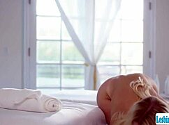 booty blonde gets her pussy licked wildly by wife and masseuse!