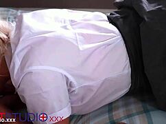 curvy college student in uniform snowballs fresh cum with slutty friend