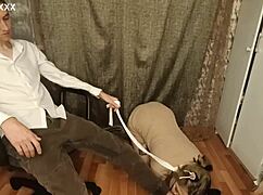 Submissive pregnant wife leashed sucks fingers from lipstick-wearing husband