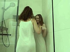 yo, these two cute brunette teen friends finger kiss lick wet pussies in steamy shower 4k