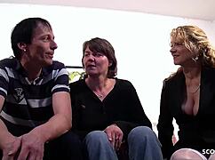 Shy German mature wife with huge natural tits shocked by FFM threesome